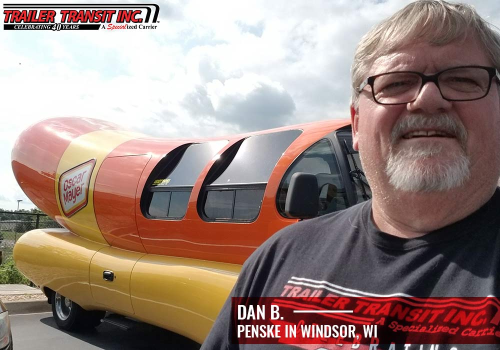 Trailer Transit, Inc. Owner Operator Dan B. in Wisconsin in front of the Weinermobile