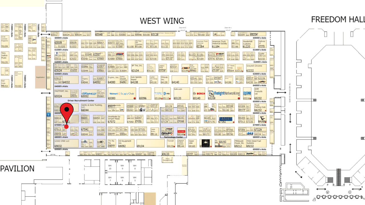 Trailer Transit Inc. | A detailed layout map of the convention center floor, highlighting various exhibitor booths and section labels, features a prominent red map pin marking the location of "Official Recruiters for GI Jobs," alongside opportunities from Mid-America Truck Show driver jobs.