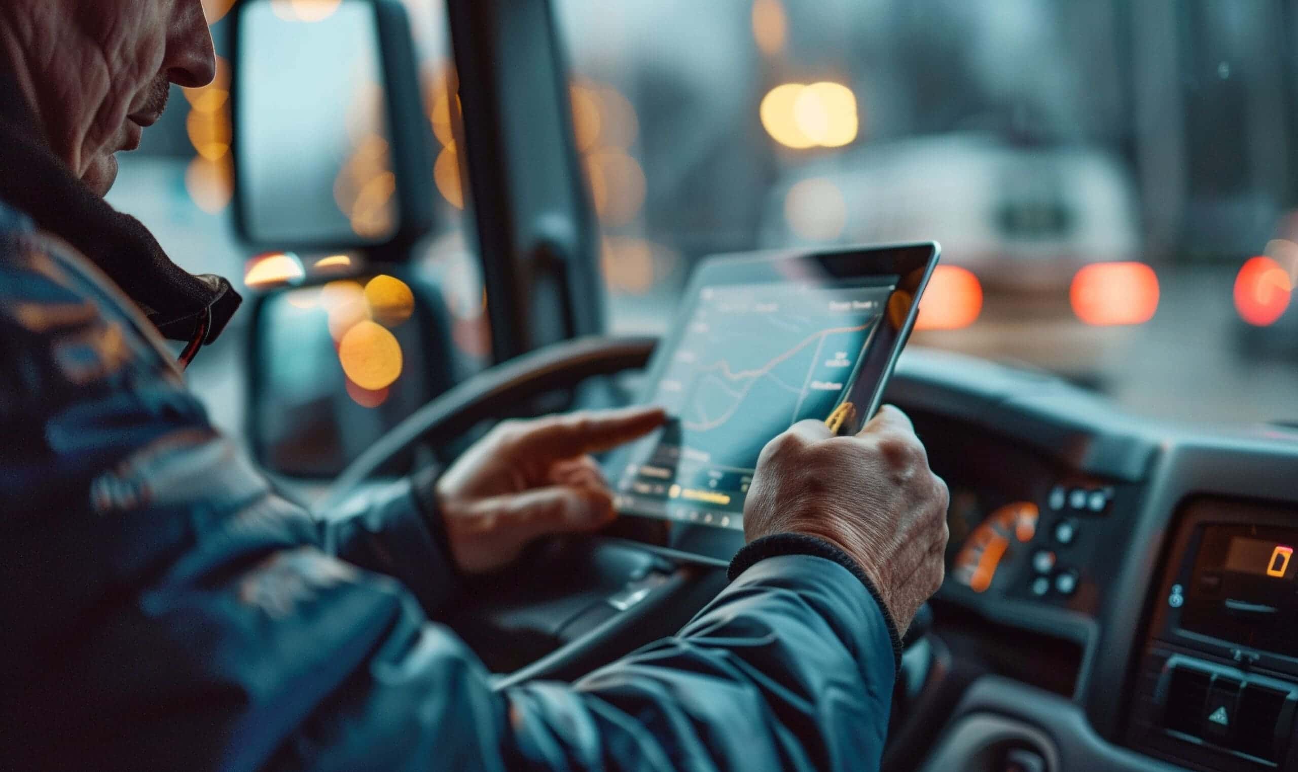 Trailer Transit Inc. | A truck driver using a tablet to check rig status or job status.