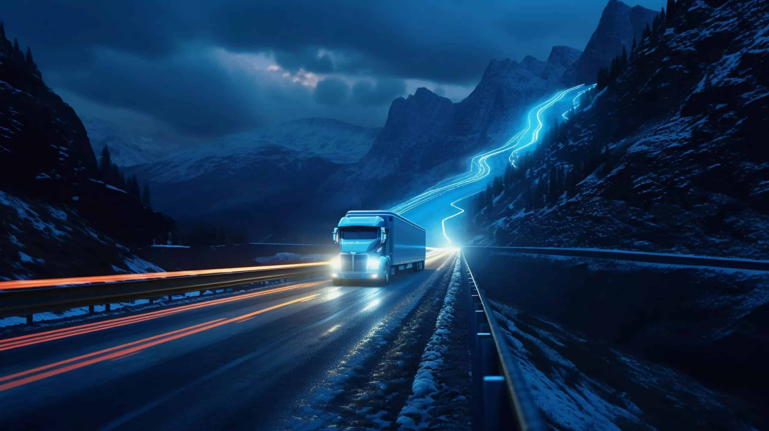 Trailer Transit Inc. | A truck drives on a highway through a mountainous landscape at night with bright light trails, showcasing the role of technology for owner-operators and a glowing line tracing the mountains.