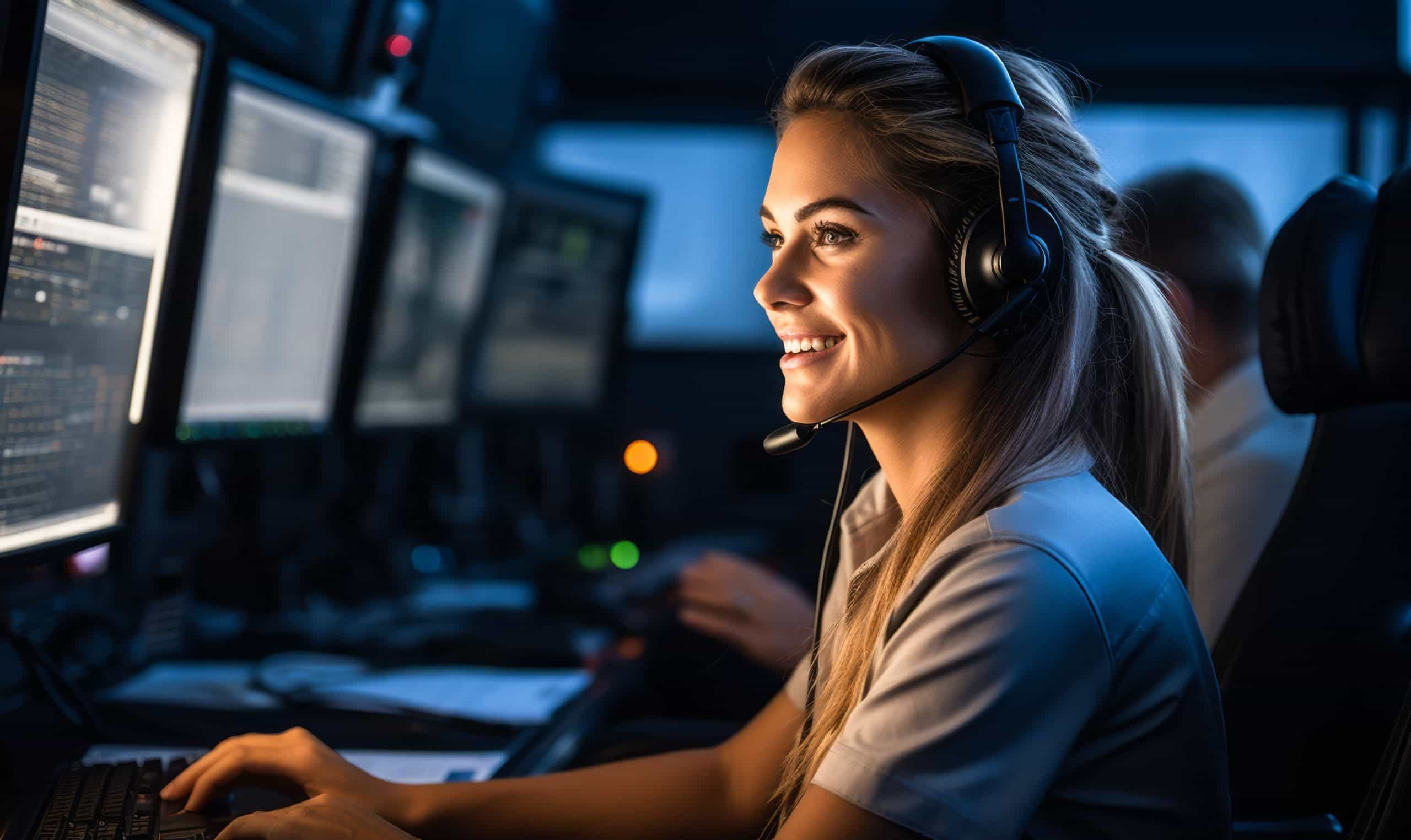 Trailer Transit Inc. | A woman wearing a headset smiles while working in front of multiple computer monitors in a dimly lit room, highlighting the role of technology for owner-operators.