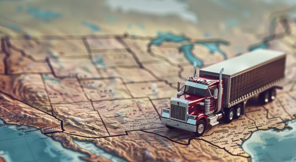 Trailer Transit, Inc. | realistic illustration of a truck driving on a topographic map of USA