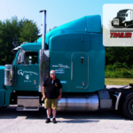 Trailer Transit Inc. | Owner Operator, Curt, stands in front of his teal truck with the logo "Trailer Transit Inc." Beside the truck, a graphic announces "Owner Operator of The Month," showcasing the success and opportunities found in Owner Operator Driving Jobs.