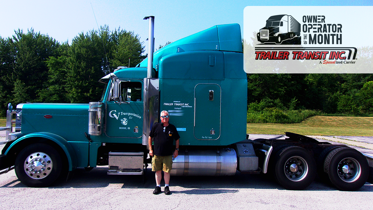 Trailer Transit Inc. | Owner Operator, Curt, stands in front of his teal truck with the logo "Trailer Transit Inc." Beside the truck, a graphic announces "Owner Operator of The Month," showcasing the success and opportunities found in Owner Operator Driving Jobs.