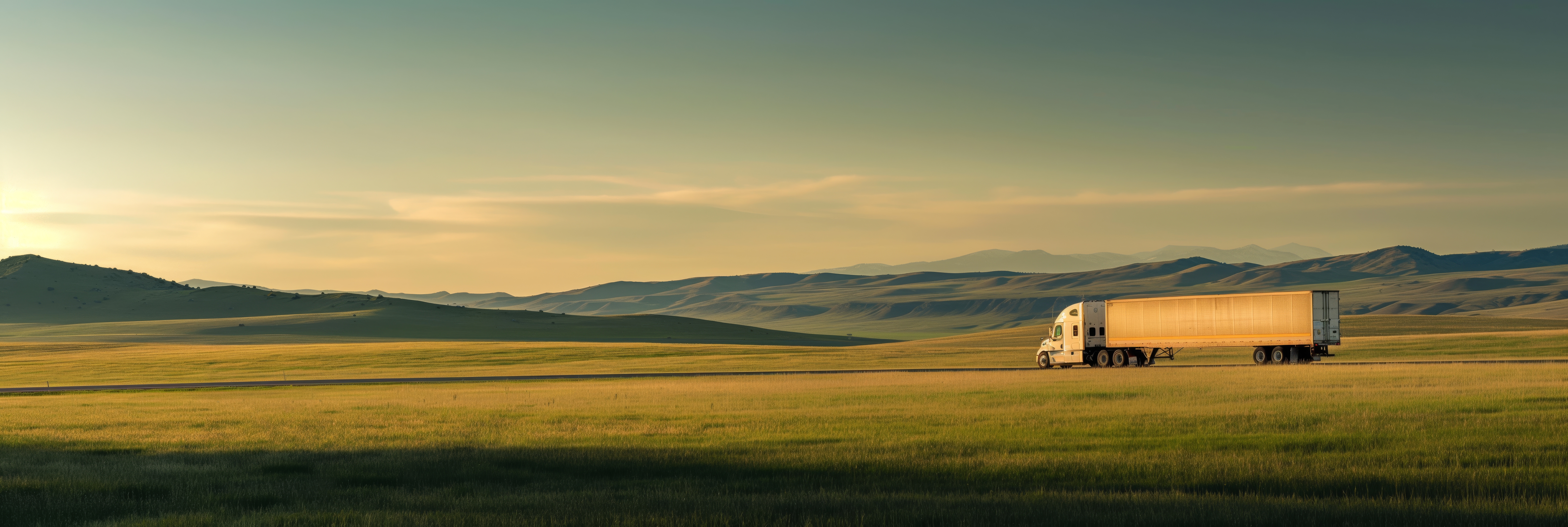 Trailer Transit Inc. | A white semi-truck drives along a road through a vast, grassy landscape with hills and distant mountains under a clear sky.