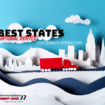 Trailer Transit, Inc. | paper craft image of a red semi truck traveling over blue and white paper terrain in front of white paper mountains and cityscapes