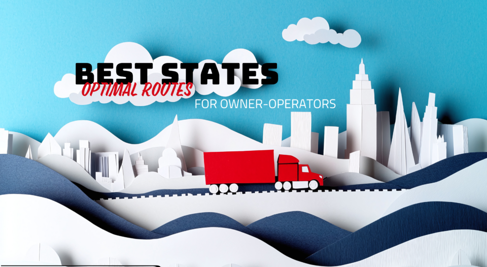 Trailer Transit, Inc. | paper craft image of a red semi truck traveling over blue and white paper terrain in front of white paper mountains and cityscapes