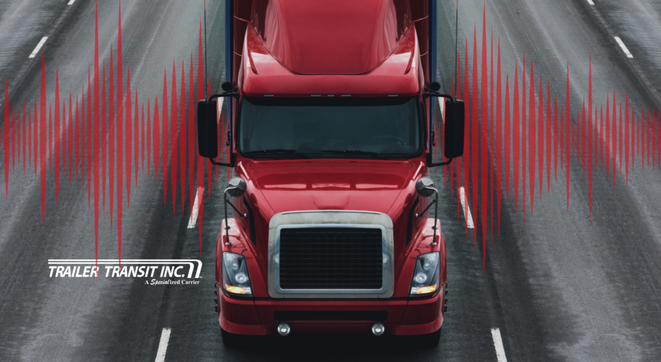 Trailer Transit, Inc. | Red semi truck on a highway with red soundwaves around the cab and a white Trailer Transit logo.