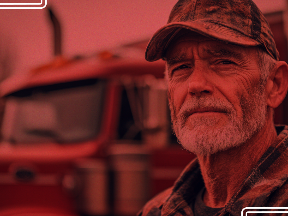 Trailer Transit Inc. | an older man in a cap and plaid shirt confidently stands in front of a large red truck.